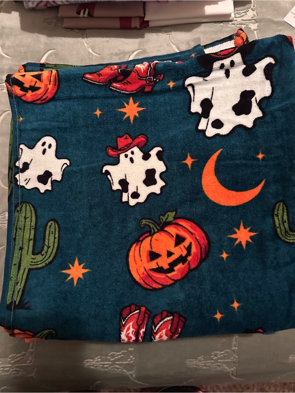 Halloween Plush bath towels Teal Orange Pumpkin & Ghost Print
